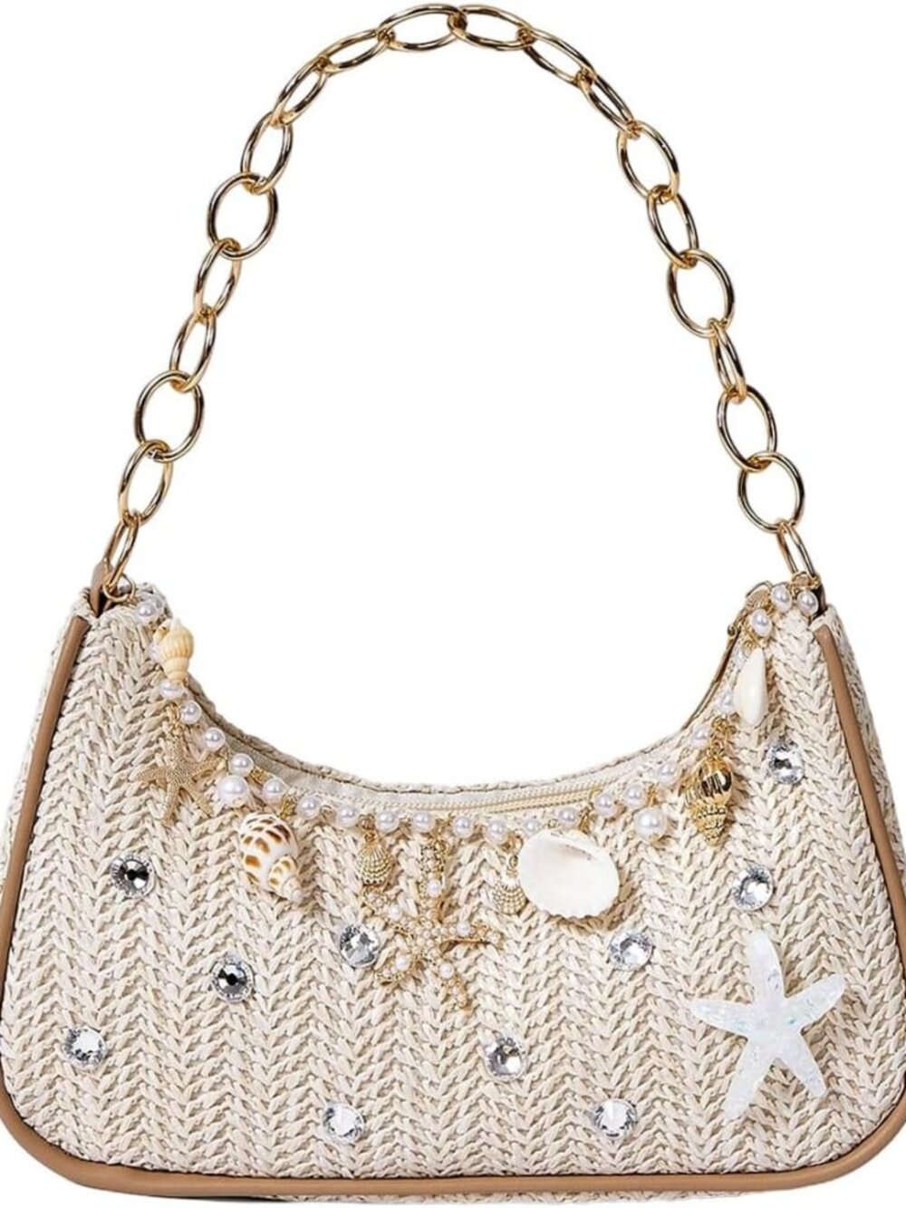Women's Straw Beach Purse Seashell Beaded Shoulder Handbags Summer Vacation Bags